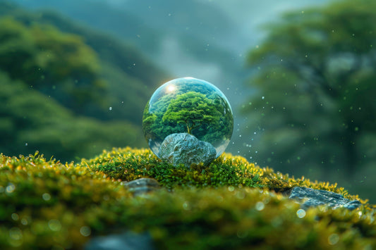 Tree inside a glass sphere resting on moss, symbolising nature protection, sustainability, and environmental care
