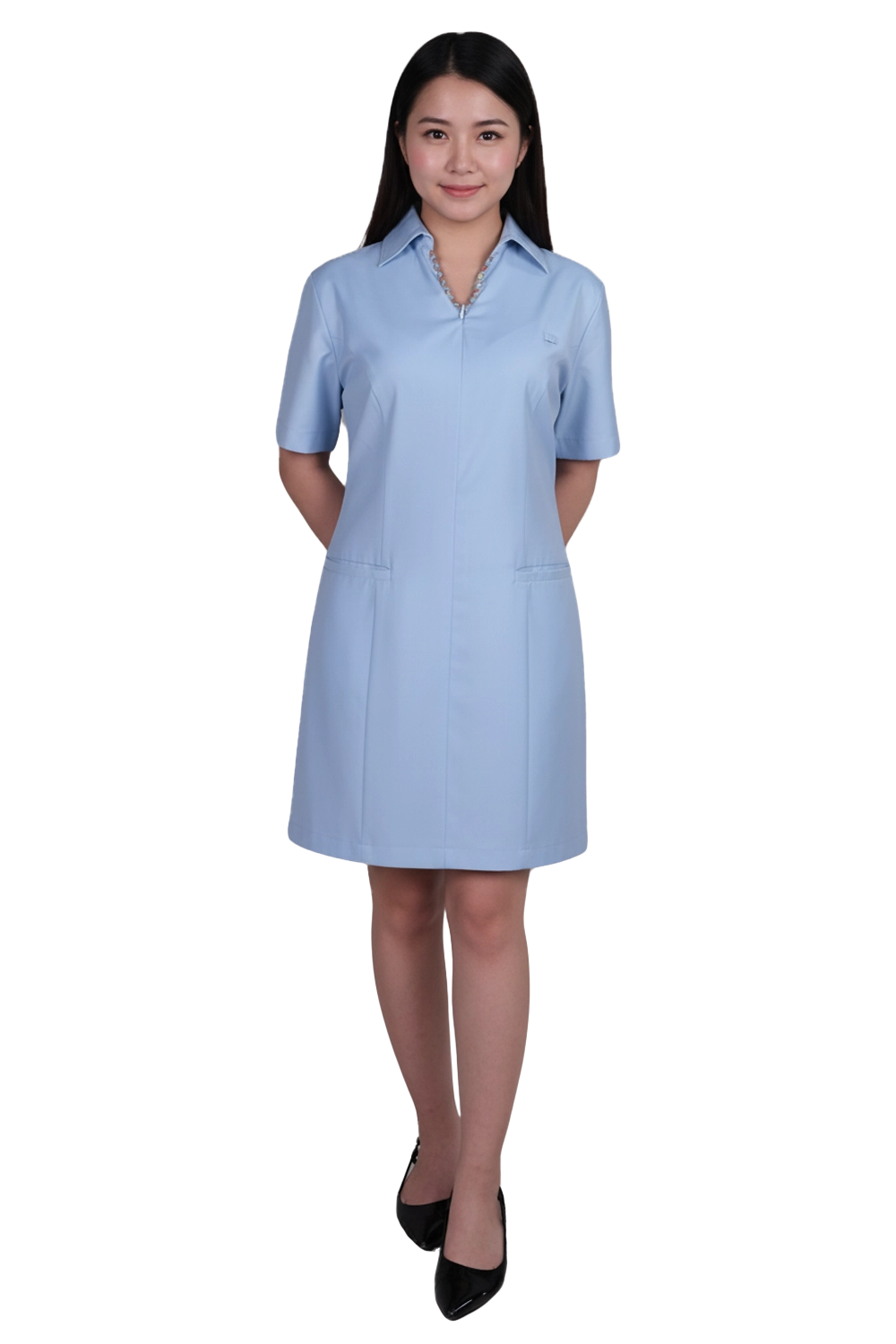 Light Blue Knee length Dress with Neck Trims – CYC Uniform