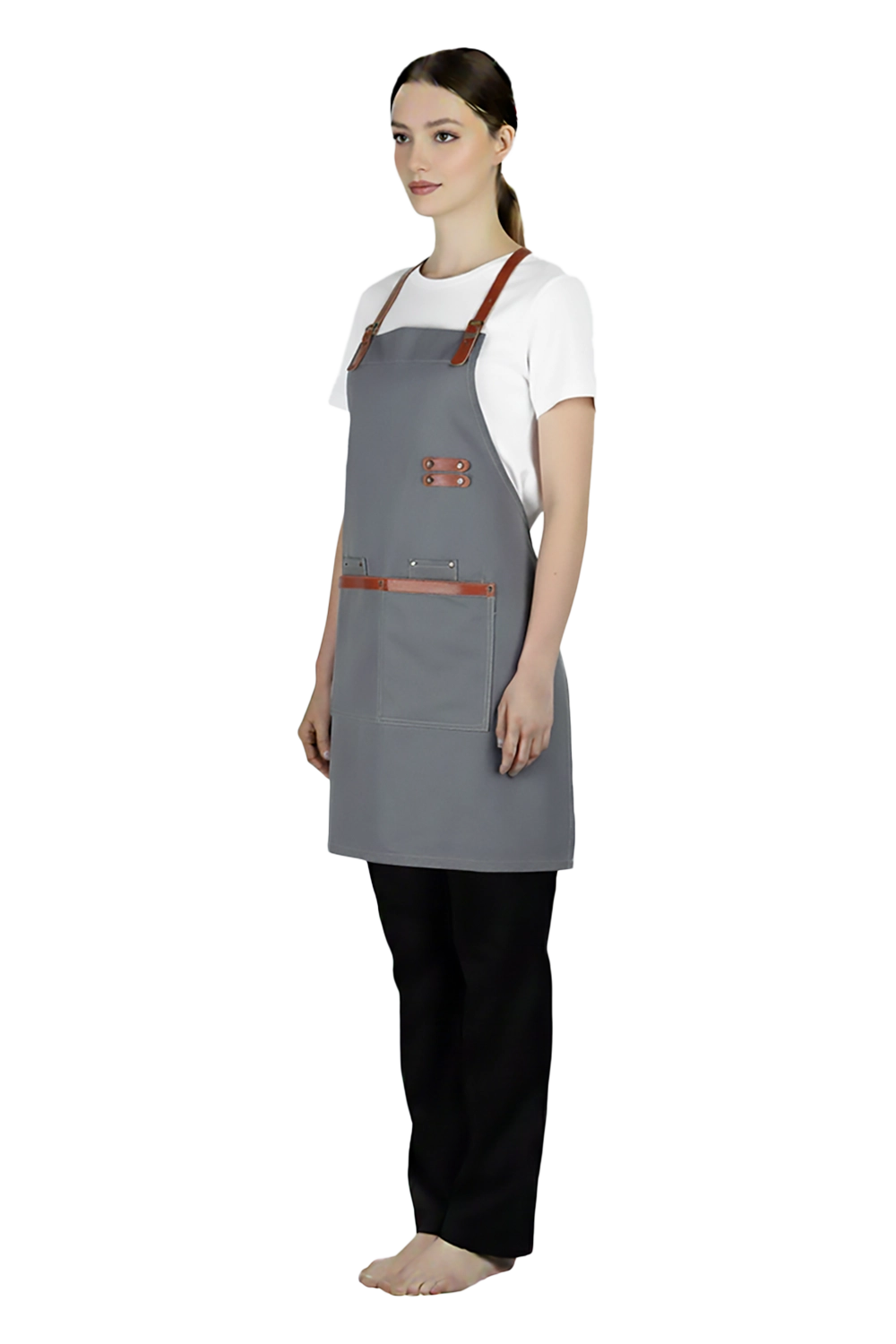 Grey Bib Apron with Tan Strap