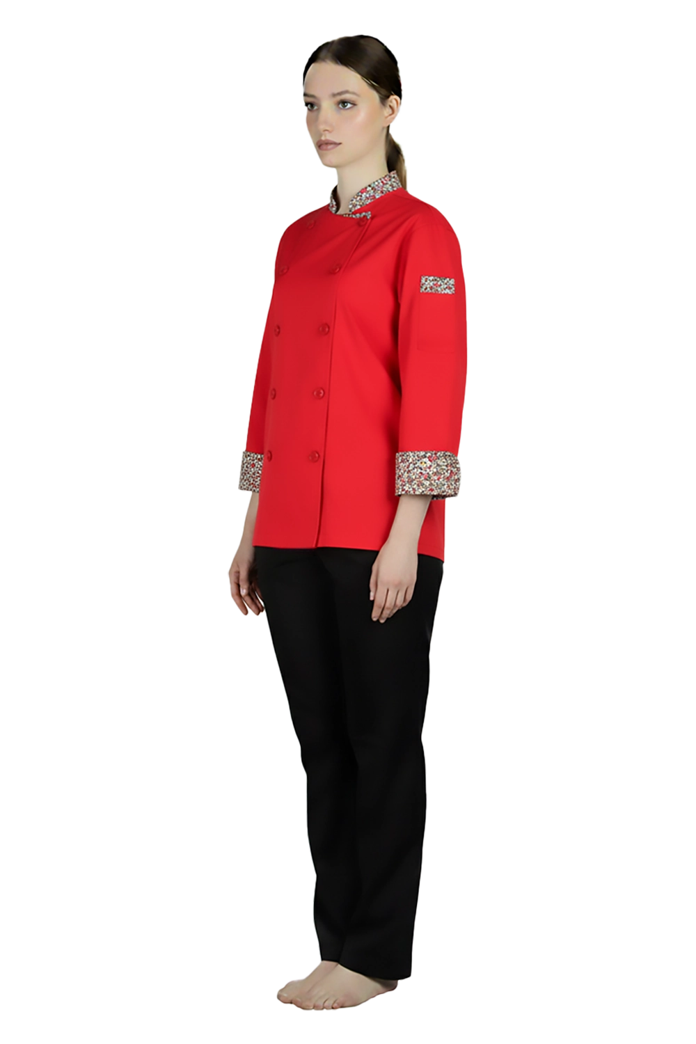 Red Chef Jacket with Floral Trims