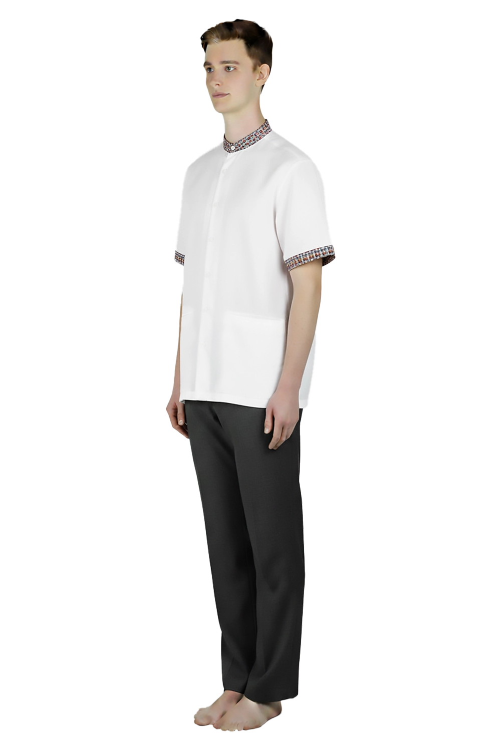 Short sleeve shirt with Mandarin Collar trims