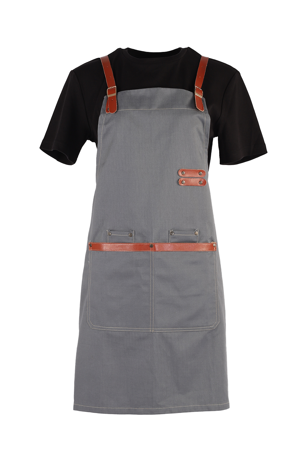 Grey Bib Apron with Tan Strap