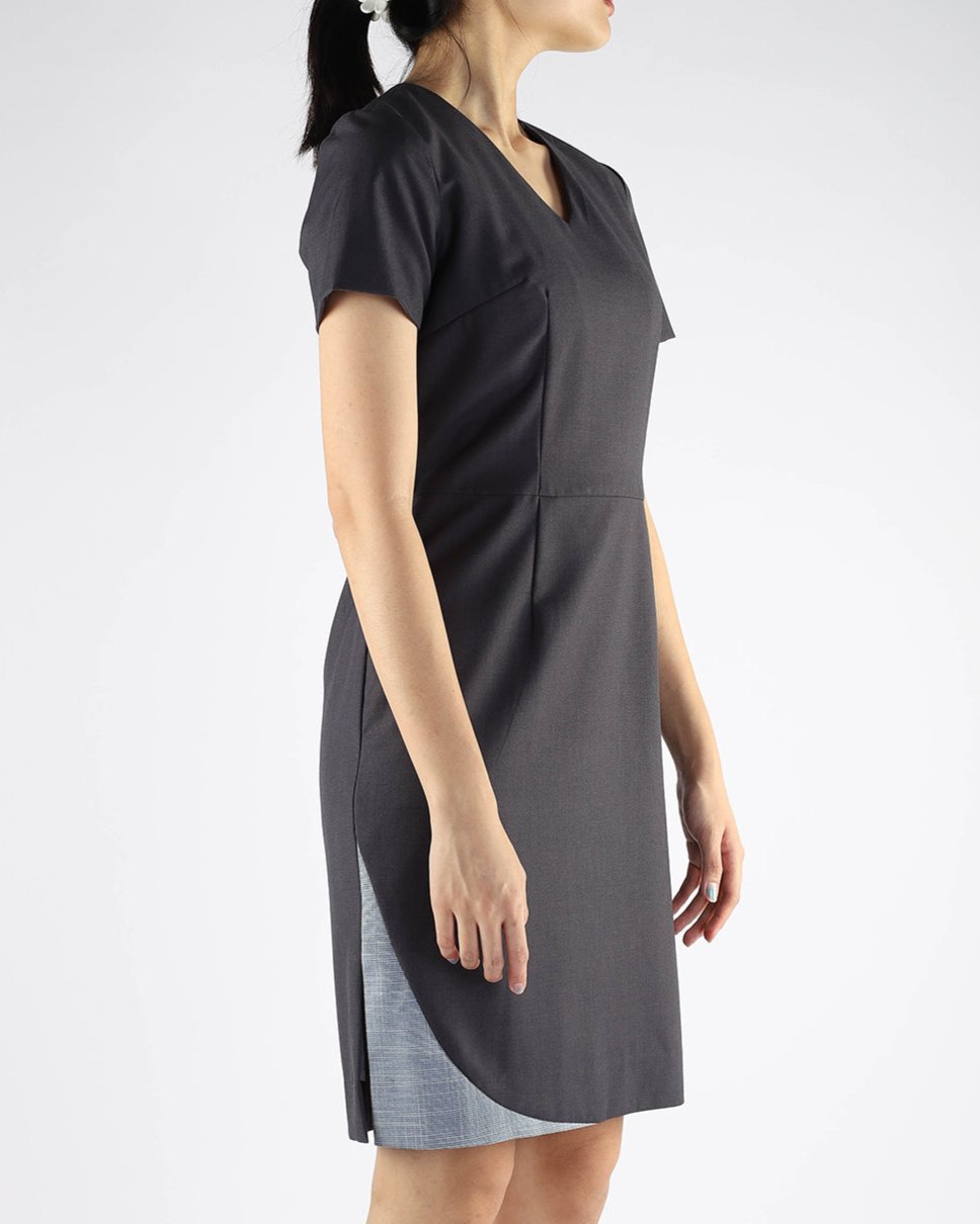 Charcoal V-Neck Dress with Trims