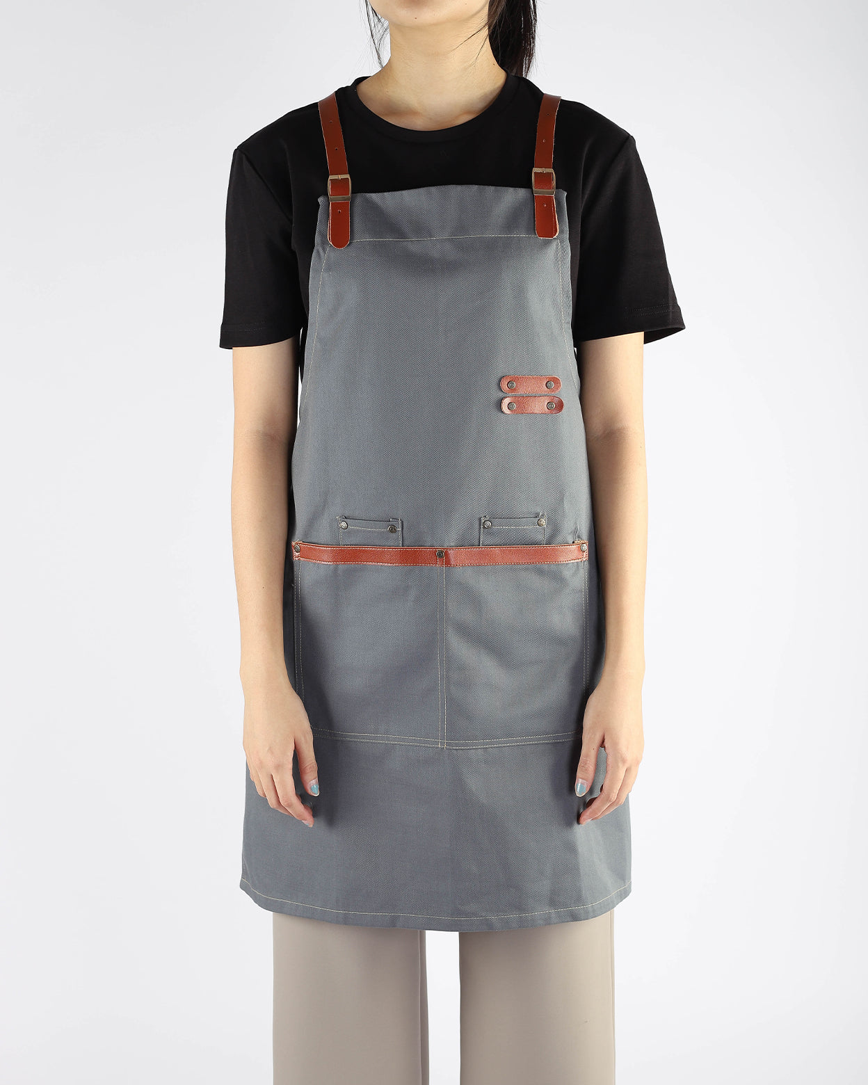 Grey Bib Apron with Tan Strap