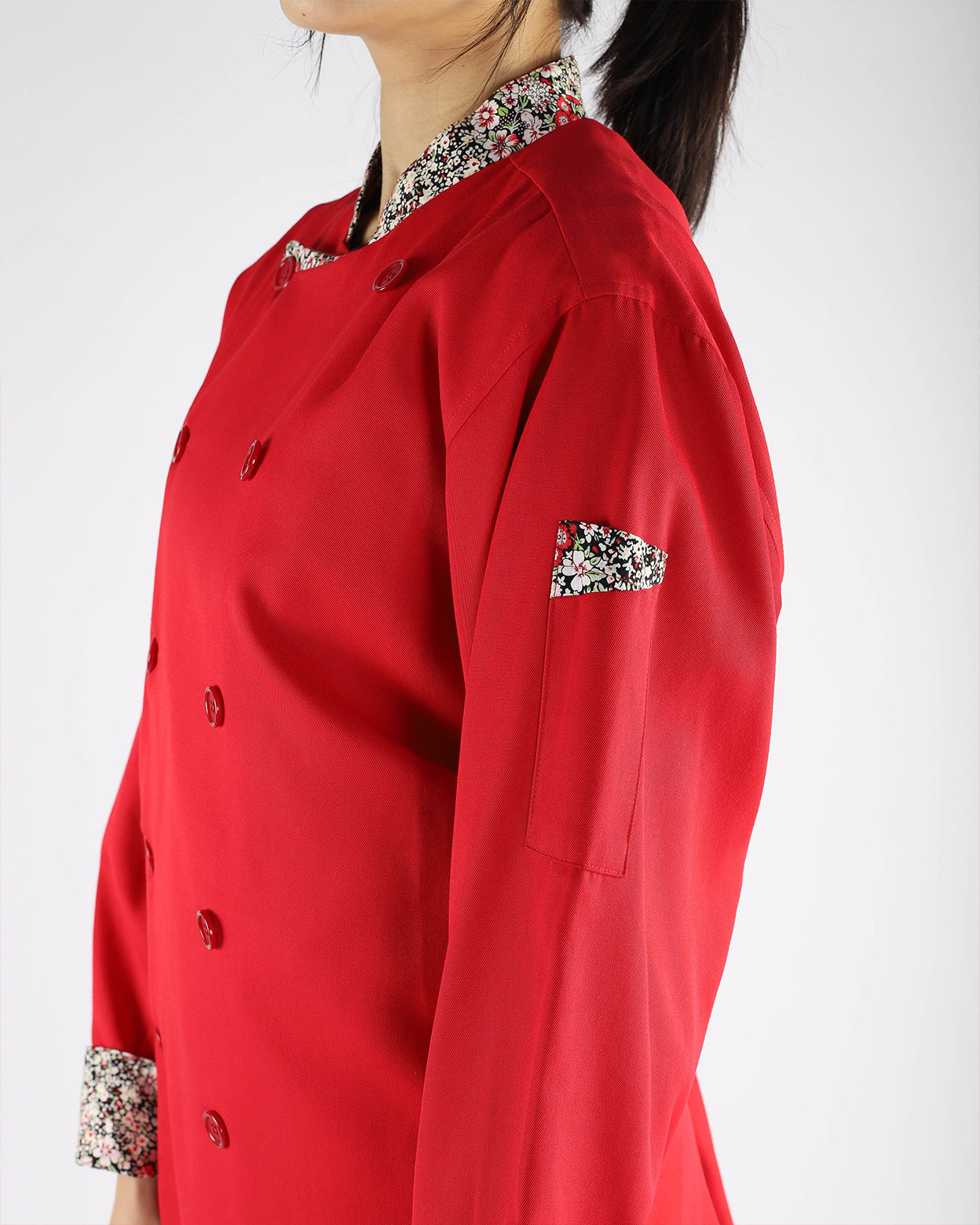 Red Chef Jacket with Floral Trims