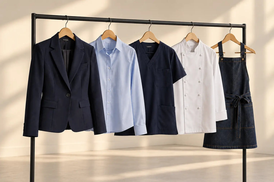 Corporate, healthcare and F&B uniforms displayed on a clothing rack in Singapore