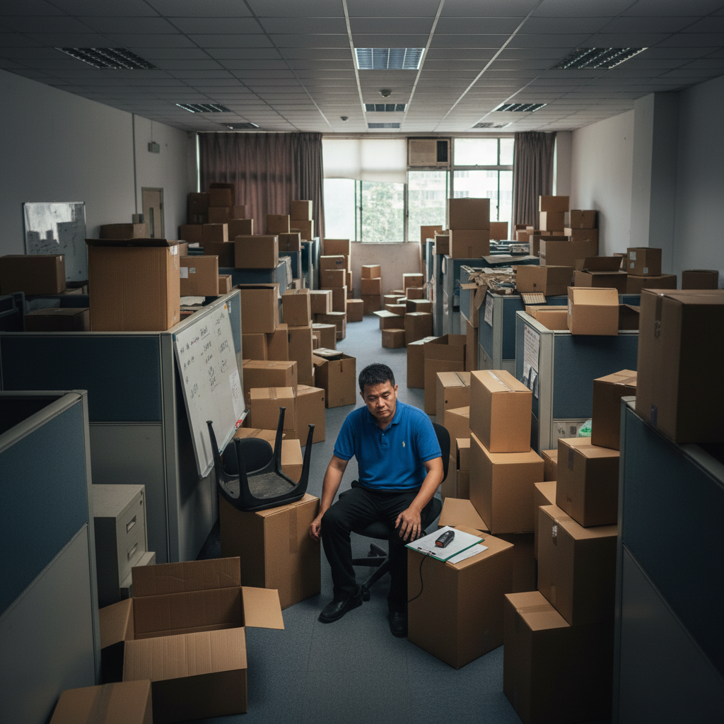 Man sitting among cardboard boxes in an office with cubicles.