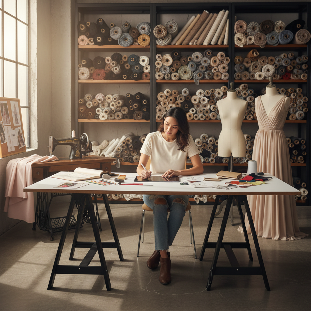 Woman working at a table in a sewing room with shelves of fabric rolls.