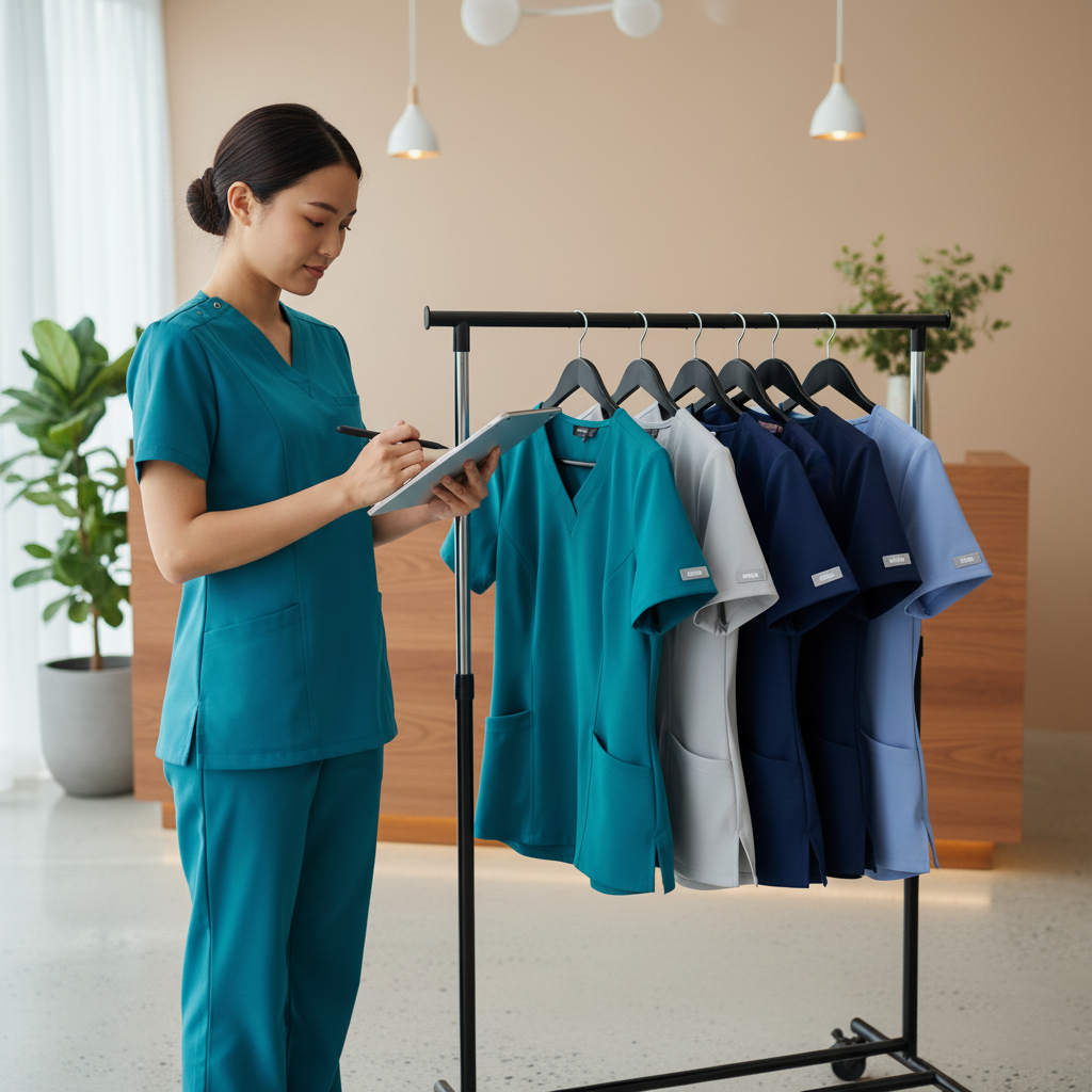 Person in teal scrubs inspecting medical uniforms on a rack.
