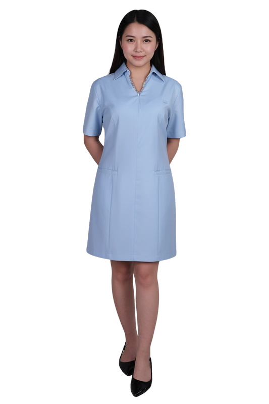 Light Blue Knee length Dress with Neck Trims