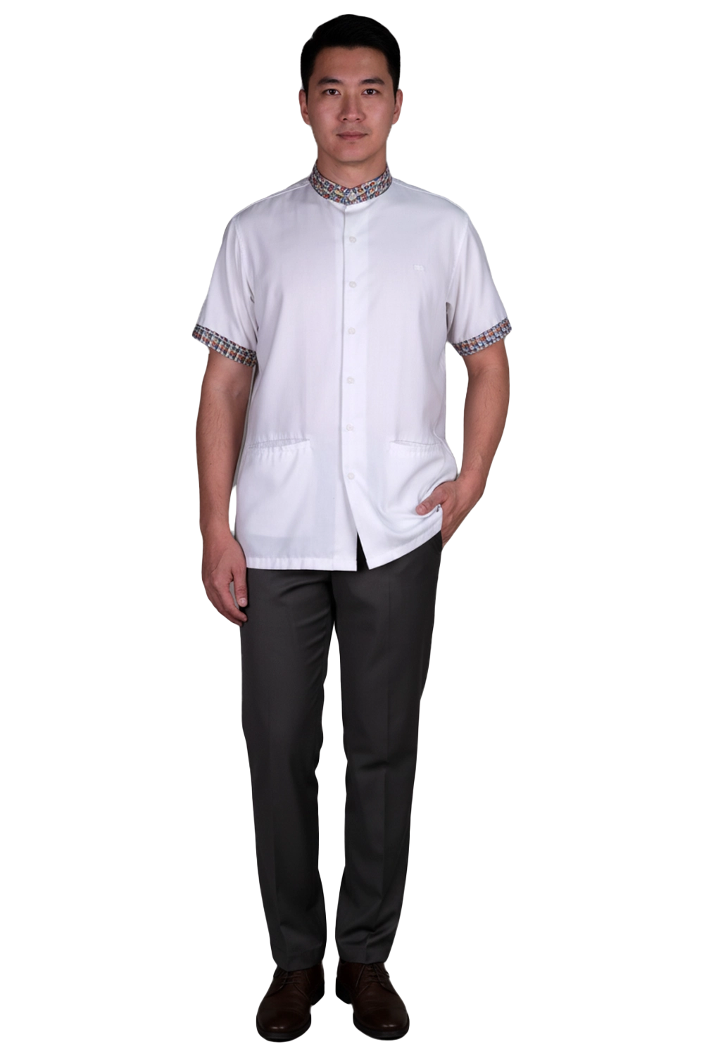 Short sleeve shirt with Mandarin Collar trims