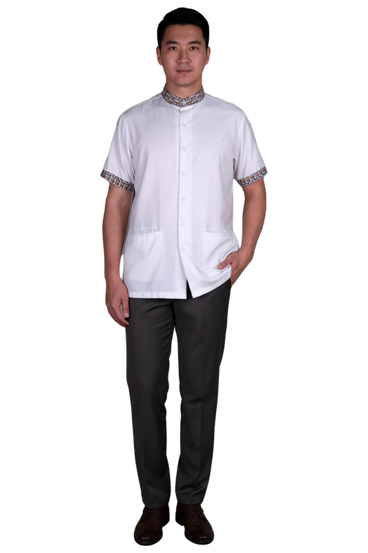 Short sleeve shirt with Mandarin Collar trims