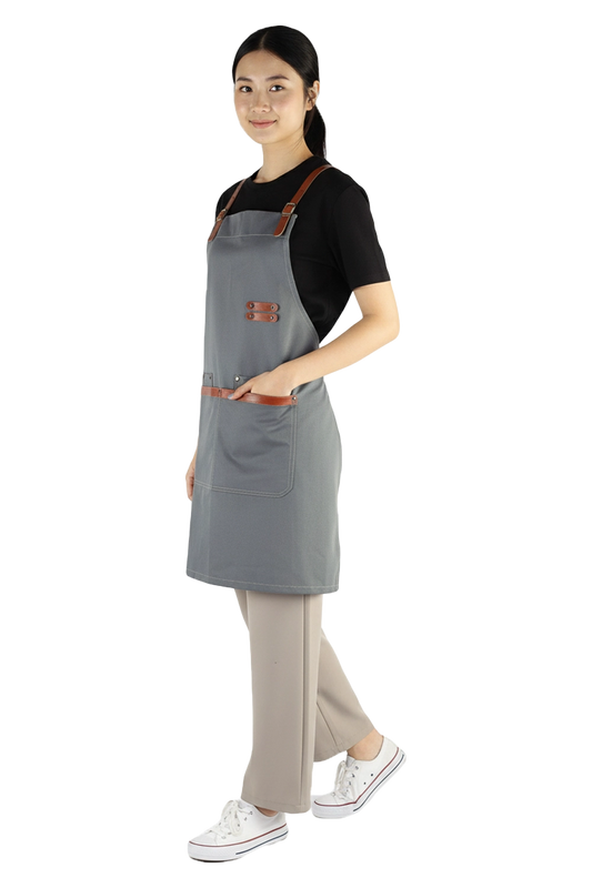 Grey Bib Apron with Tan Strap