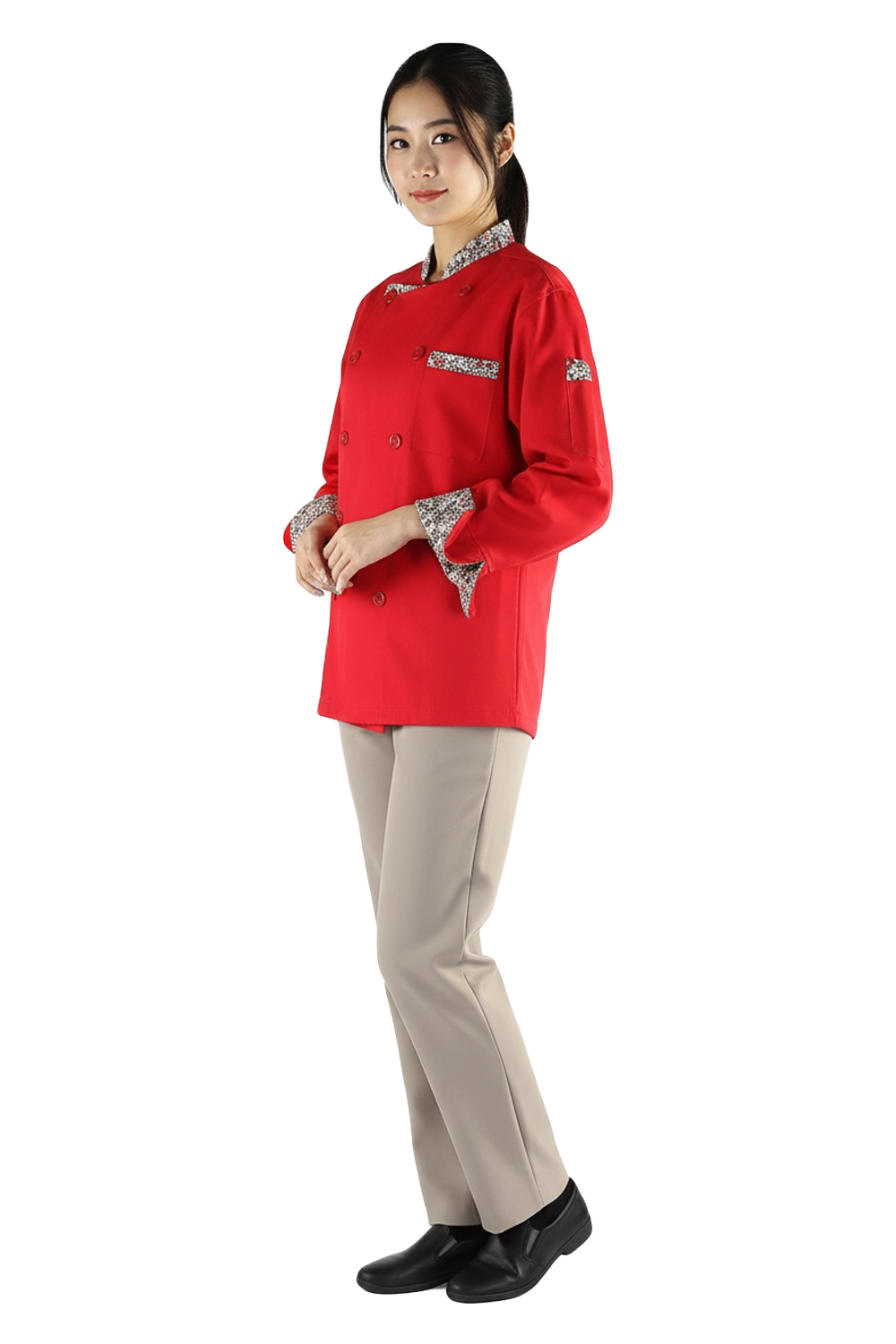 Red Chef Jacket with Floral Trims