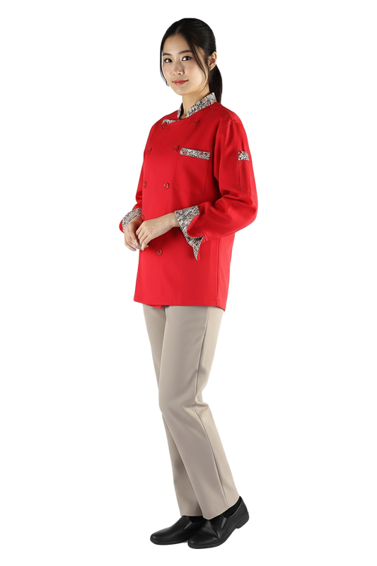 Red Chef Jacket with Floral Trims
