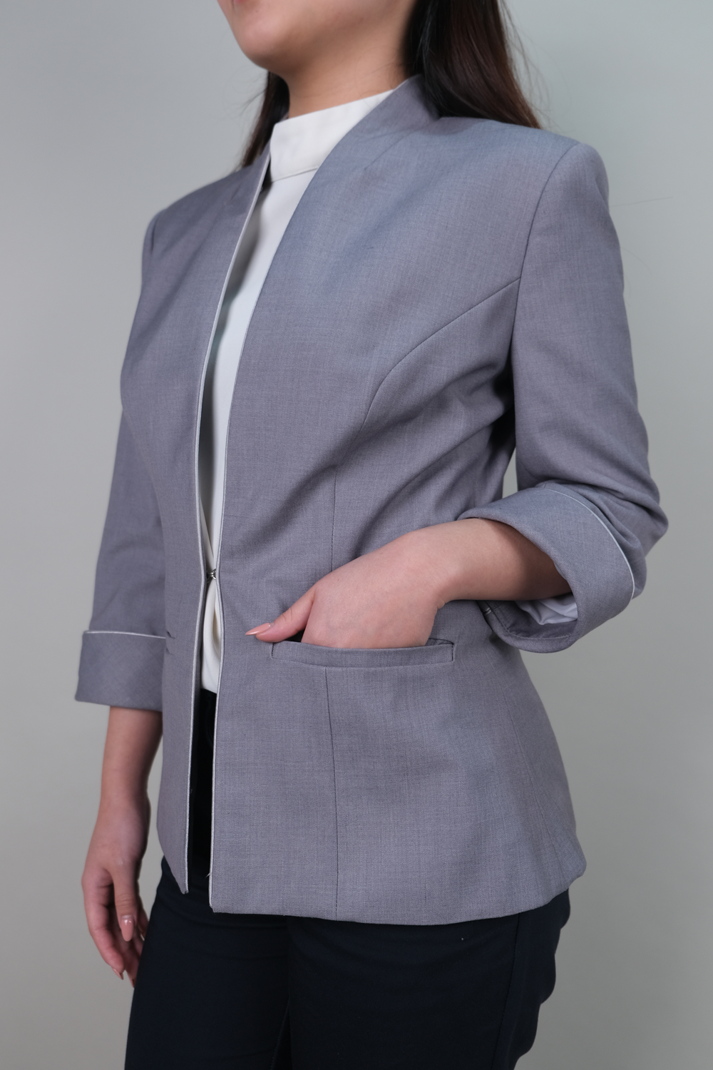 Ladies's Tailored Grey Blazer with Piped Cuff