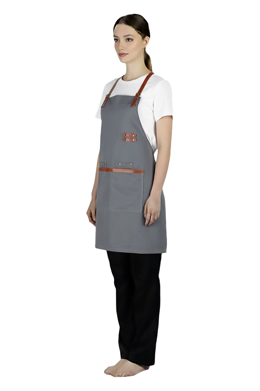 Grey Bib Apron with Tan Strap