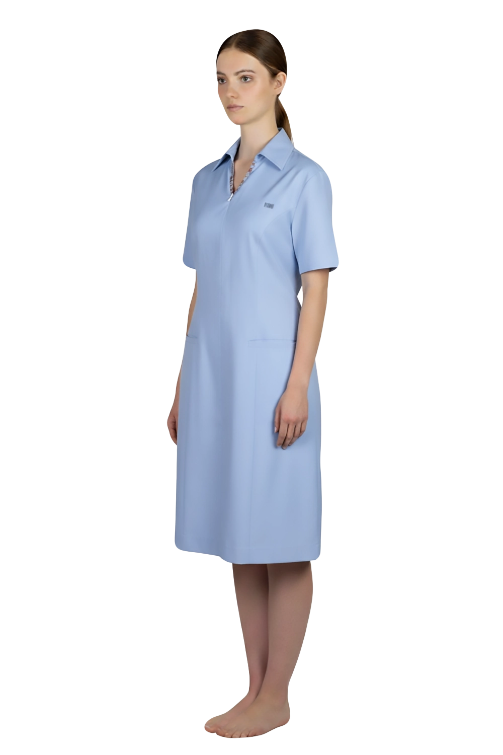 Light Blue Knee length Dress with Neck Trims