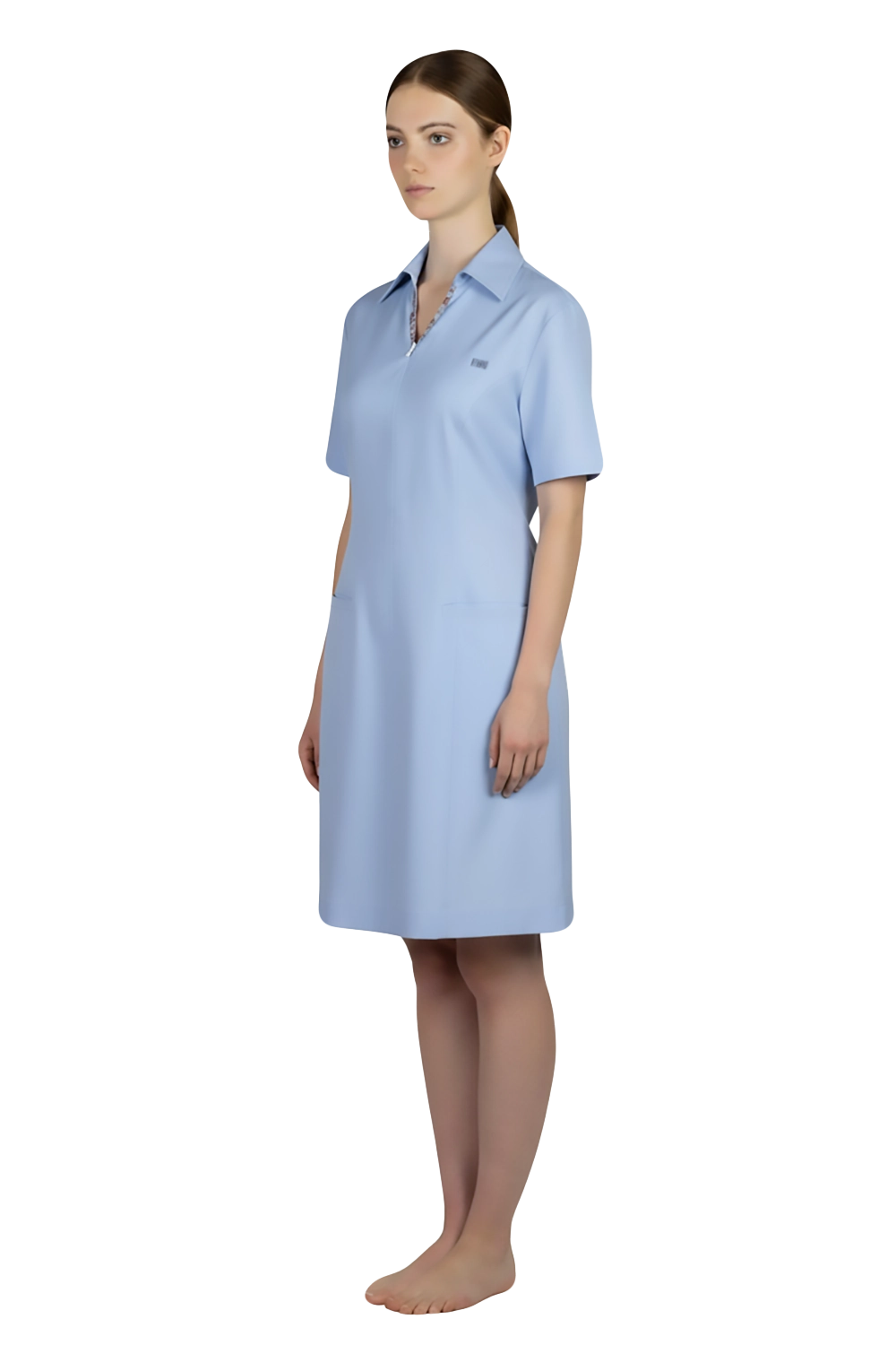 Light Blue Knee length Dress with Neck Trims