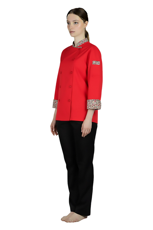 Red Chef Jacket with Floral Trims