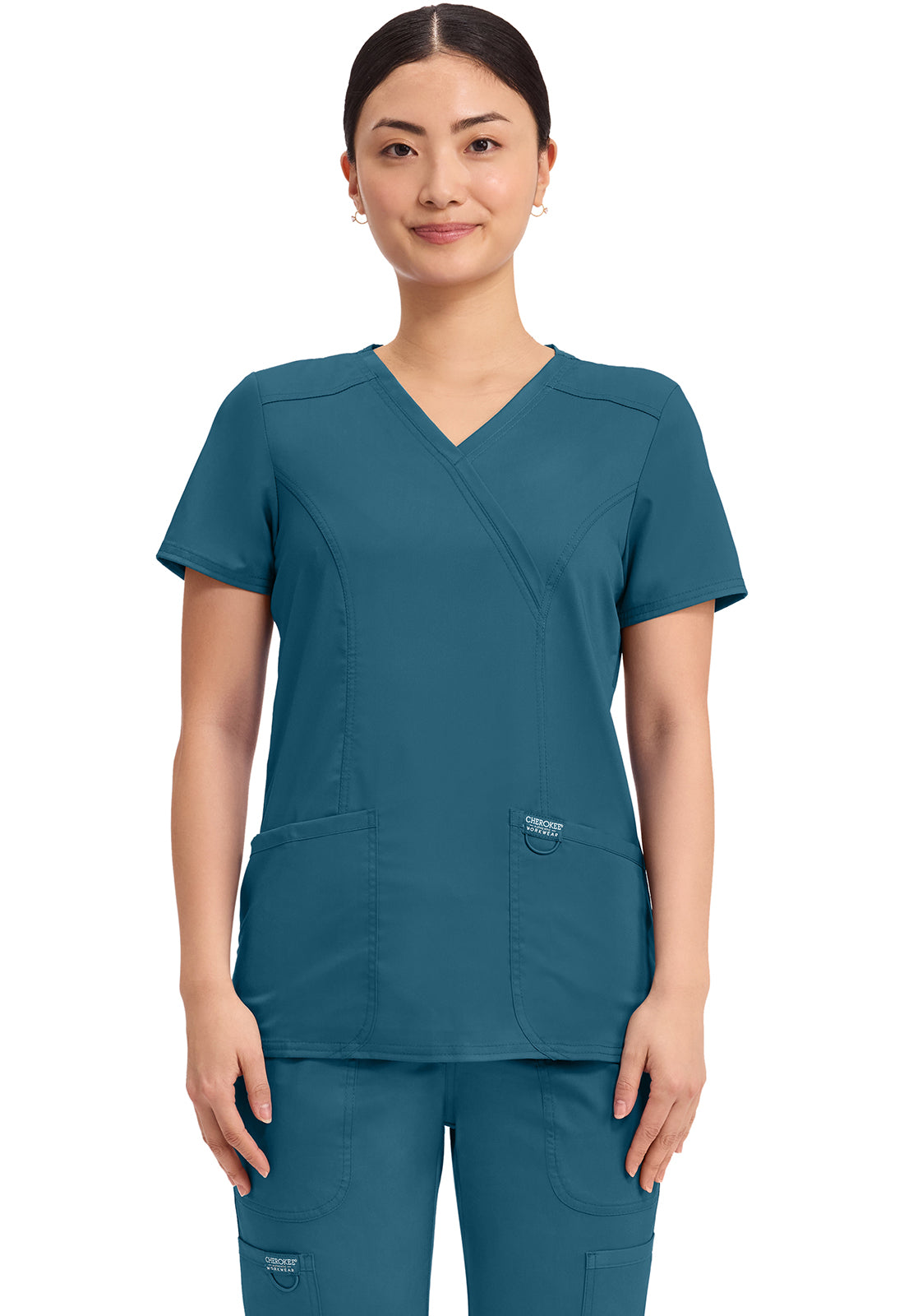 Cherokee Revolution Mock Wrap Top 3 Pockets