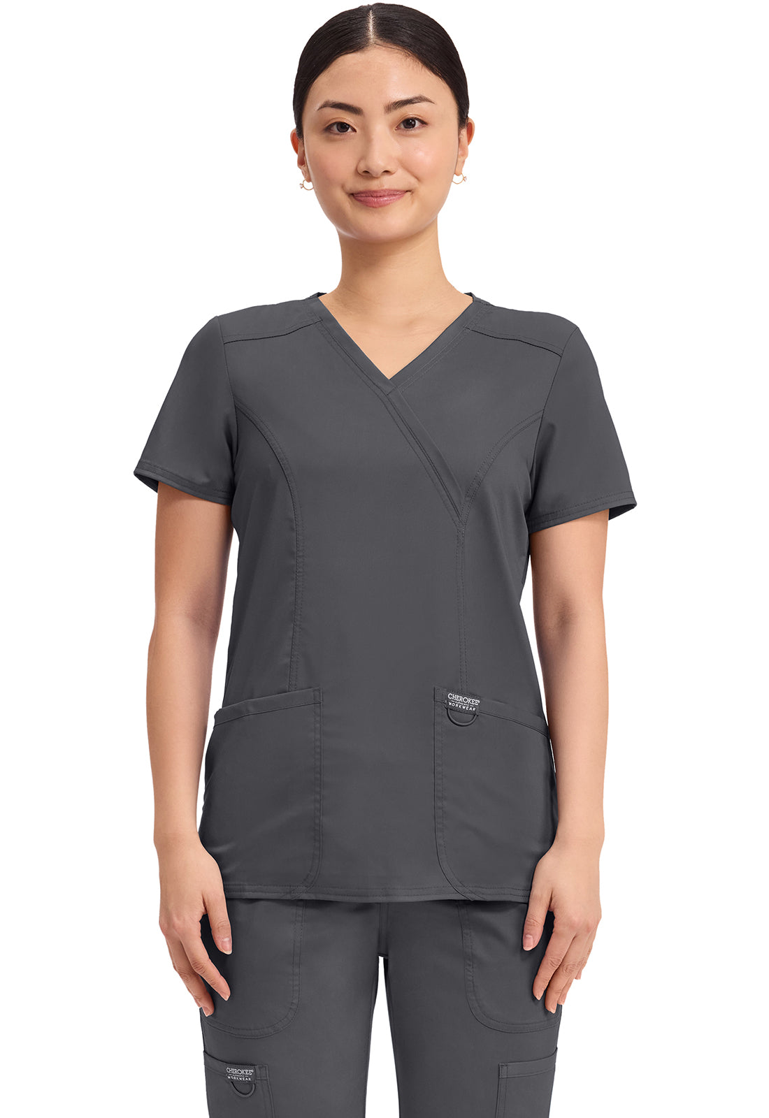 Cherokee Revolution Mock Wrap Top 3 Pockets