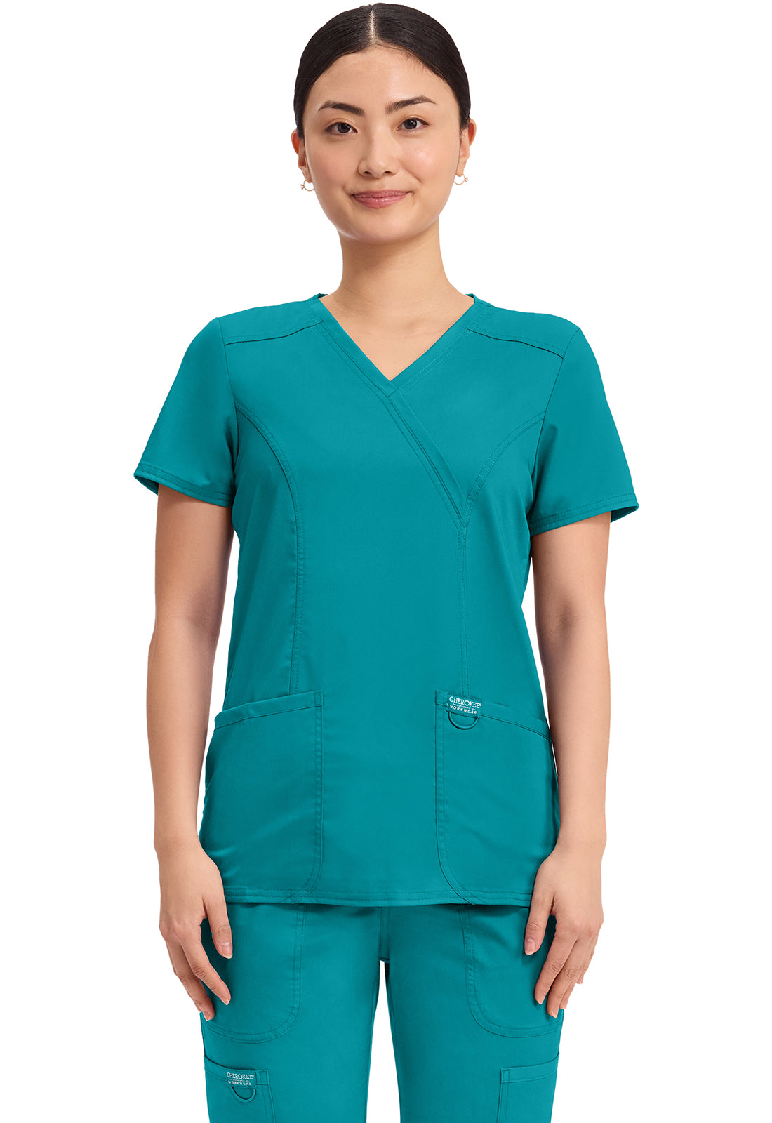 Cherokee Revolution Mock Wrap Top 3 Pockets
