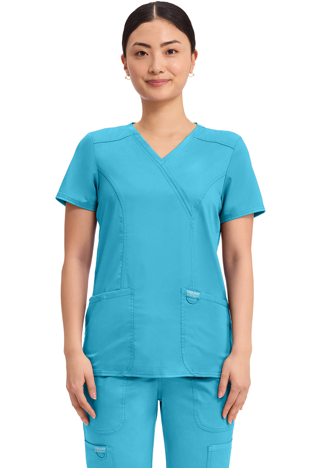 Cherokee Revolution Mock Wrap Top 3 Pockets