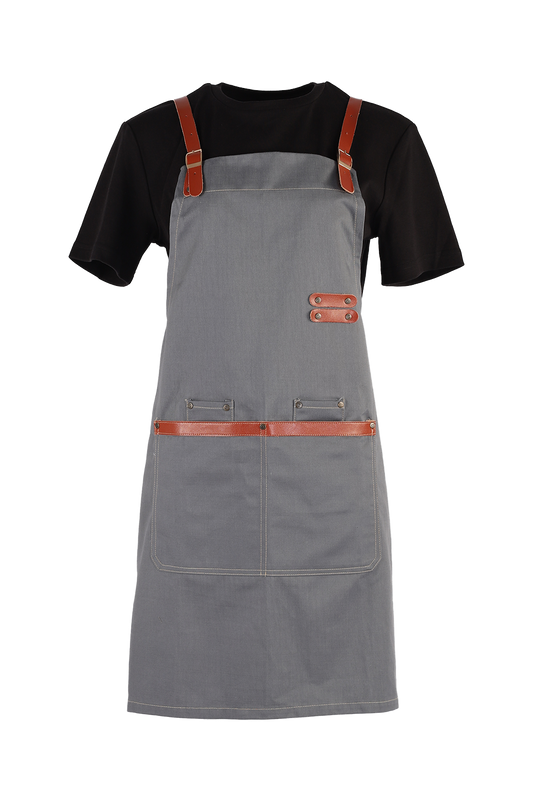 Grey Bib Apron with Tan Strap