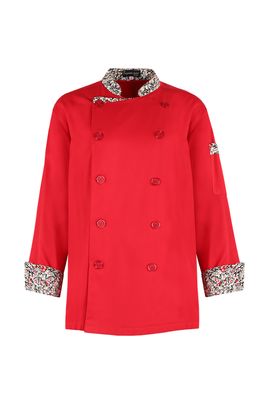 Red Chef Jacket with Floral Trims