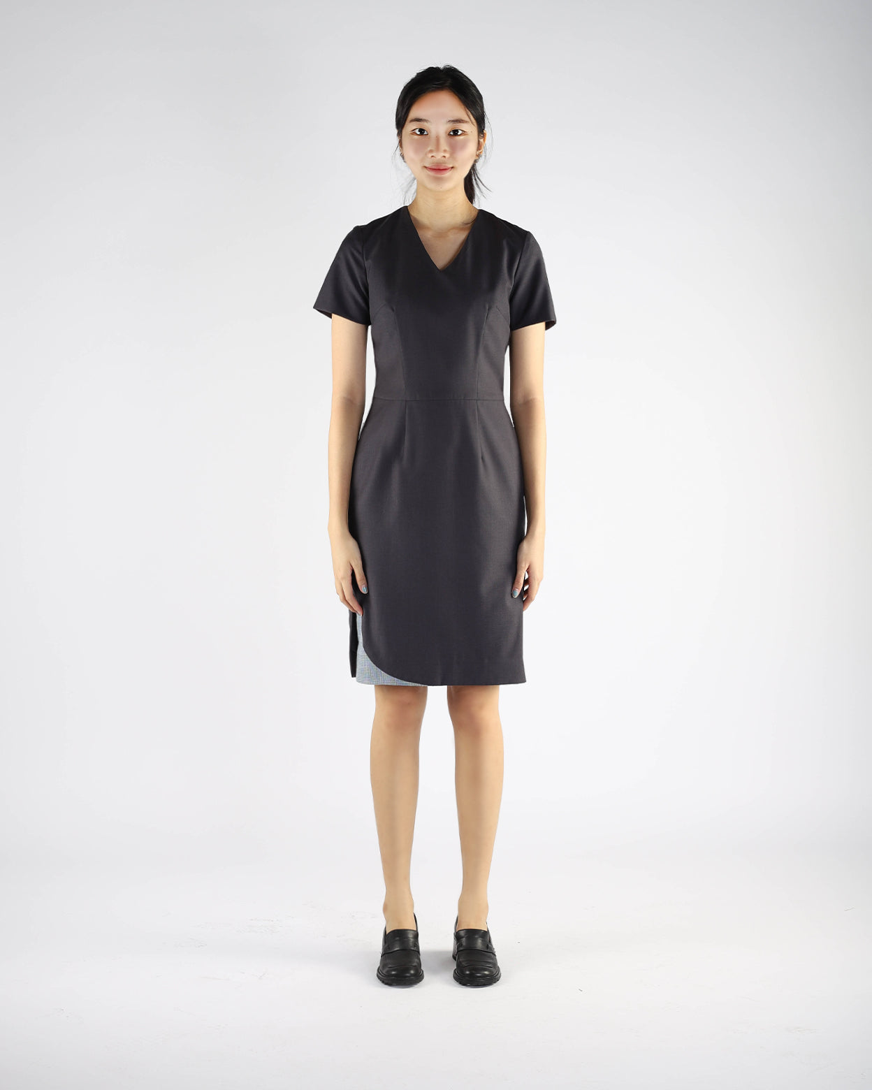 Charcoal V-Neck Dress with Trims