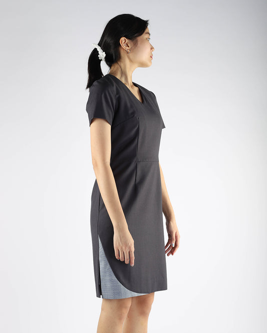 Charcoal V-Neck Dress with Trims