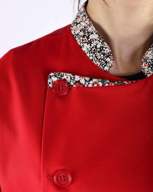 Red Chef Jacket with Floral Trims