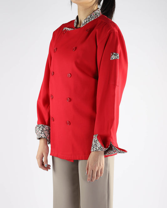 Red Chef Jacket with Floral Trims